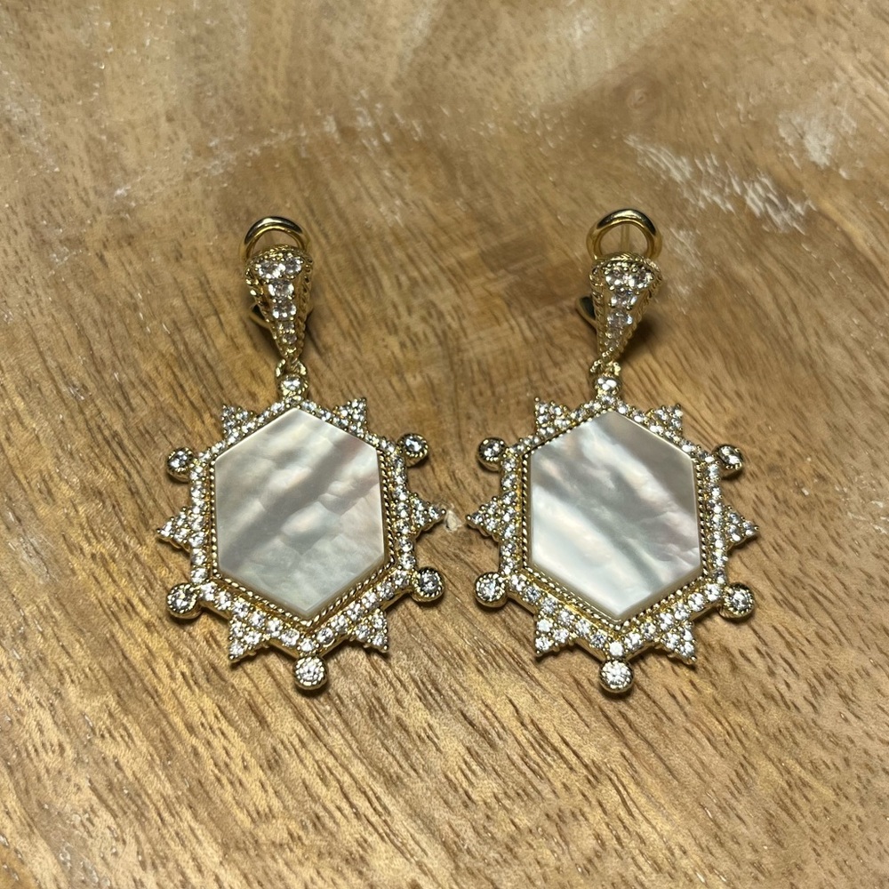 Judith Ripka 14K Sterling Silver Clad Diamonique & Mother of Pearl Earrings RARE
